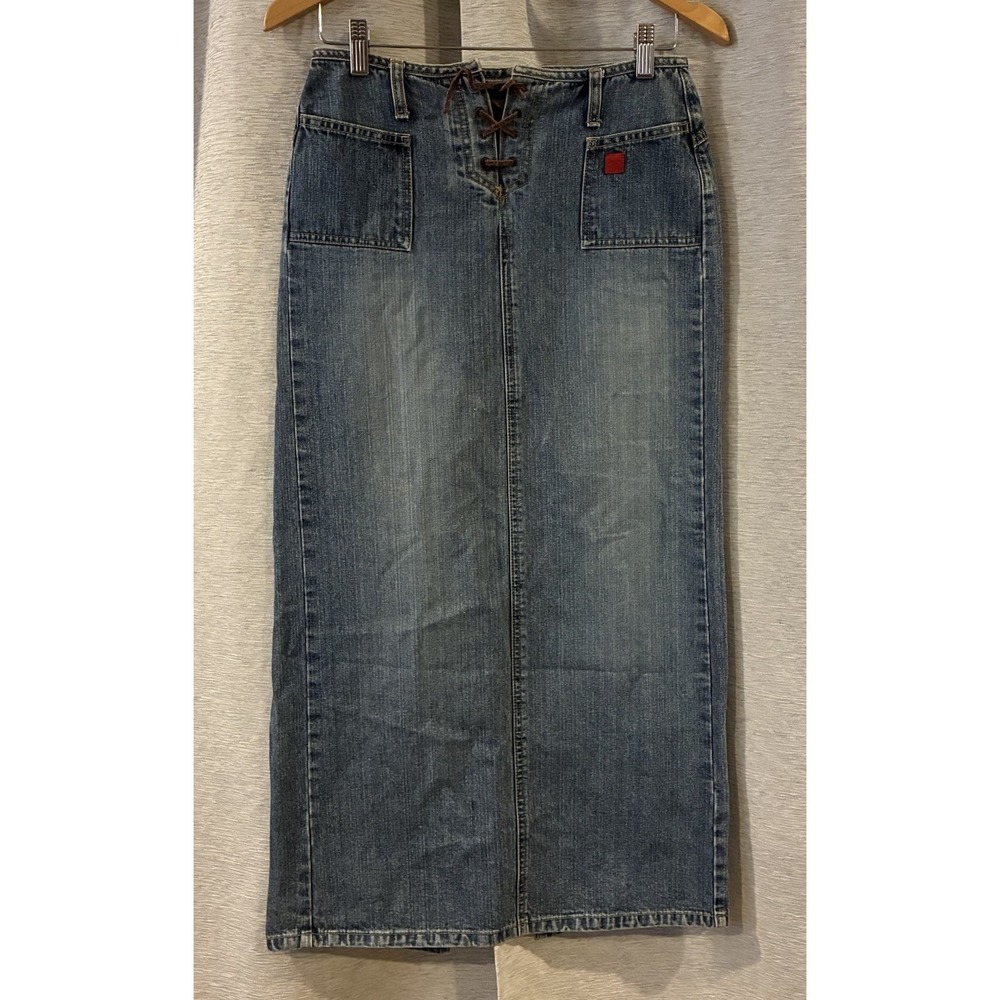 Y2K Vintage Bongo Lace Up Denim Maxi Skirt Back Slit Size 1